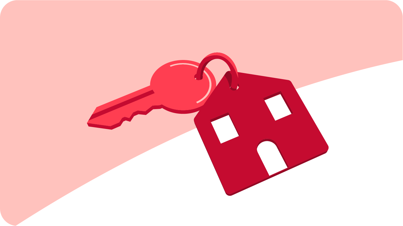 Illustration of a red key attached to a house-shaped keychain with two square windows and a door cut-out, set against a white and light pink curved background.