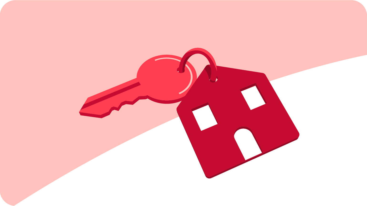 Illustration of a red key attached to a house-shaped keychain with two square windows and a door cut-out, set against a white and light pink curved background. Illustration of a red key attached to a house-shaped keychain with two square windows and a door cut-out, set against a white and light pink curved background.