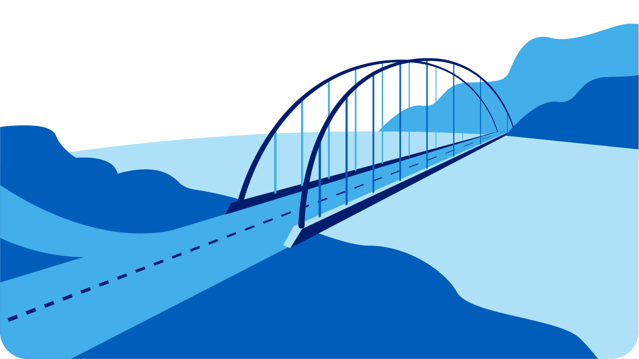 Illustration of a blue arched bridge spanning across a river, with layered blue hills in the background and a road leading onto the bridge.