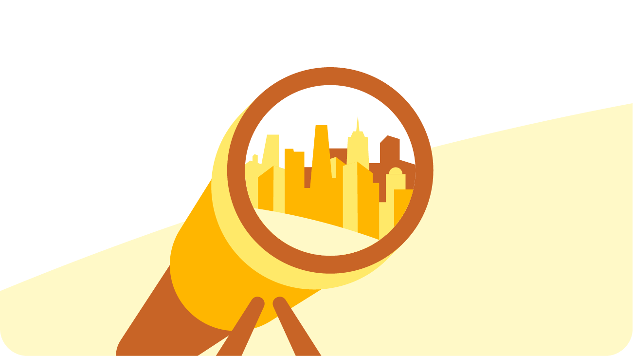 Illustration of a yellow telescope focused on a city skyline with tall buildings, viewed through its lens, set against a light yellow curved background.