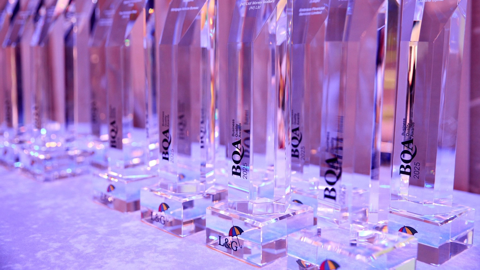 A collection of awards from the 14th Annual Business Quality Awards displayed on a table. A collection of awards from the 14th Annual Business Quality Awards displayed on a table.