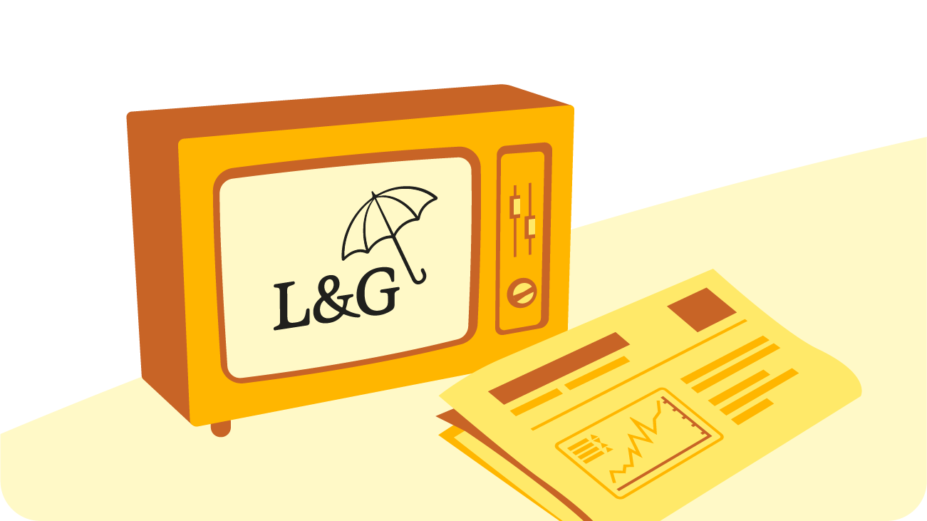 Illustration of a retro-style orange television displaying the L&G logo and umbrella, next to a yellow newspaper featuring charts and text. The background has a light yellow curved shape.
