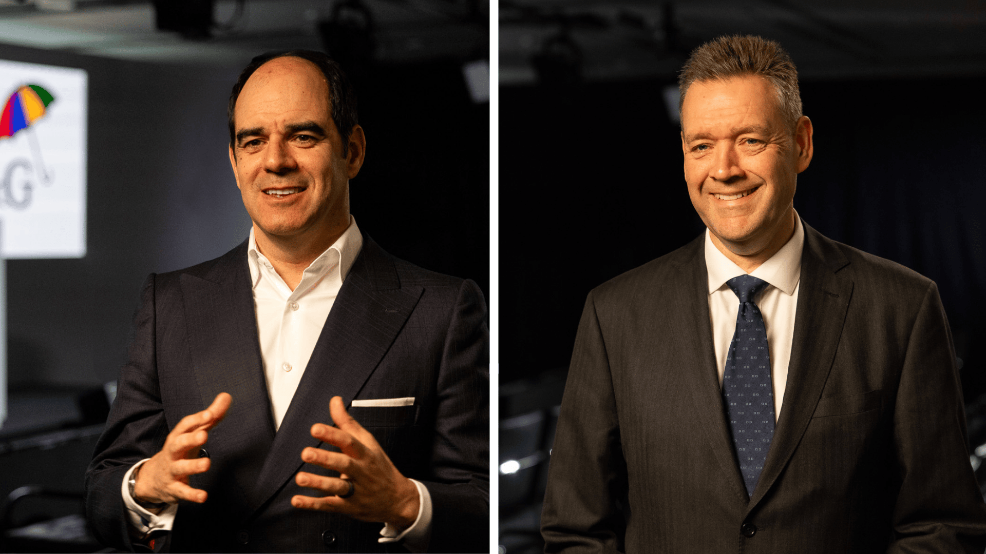 Behind‑the‑scenes style image showing Group CEO, António Simões, and Group CFO, Andrew Kail in separate frames, standing in a darkened events space with the L&G logo projected on the wall behind them.