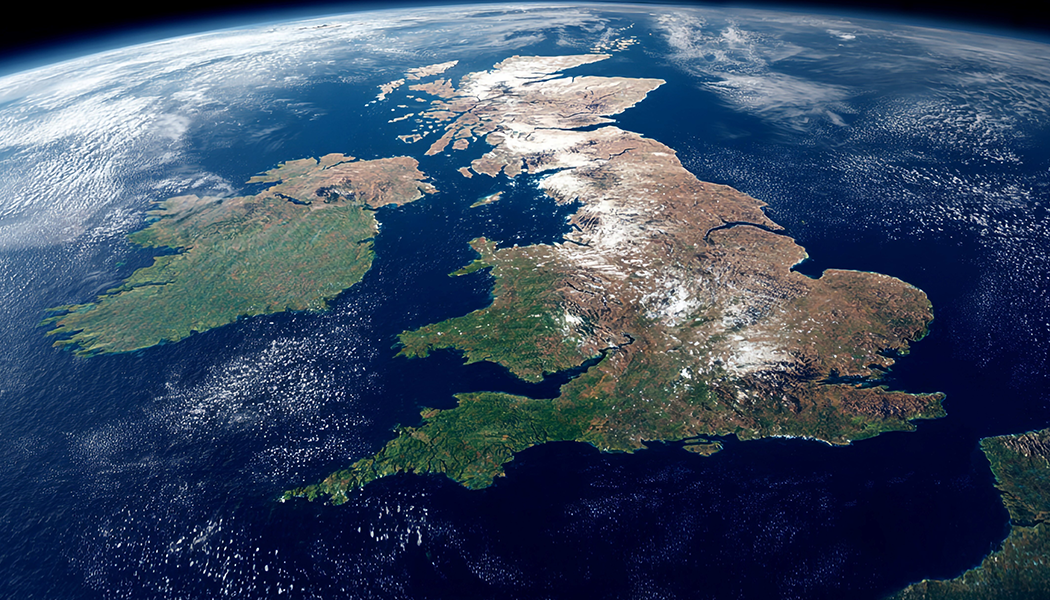 A satellite image of Earth viewed from space, centred on the United Kingdom. 