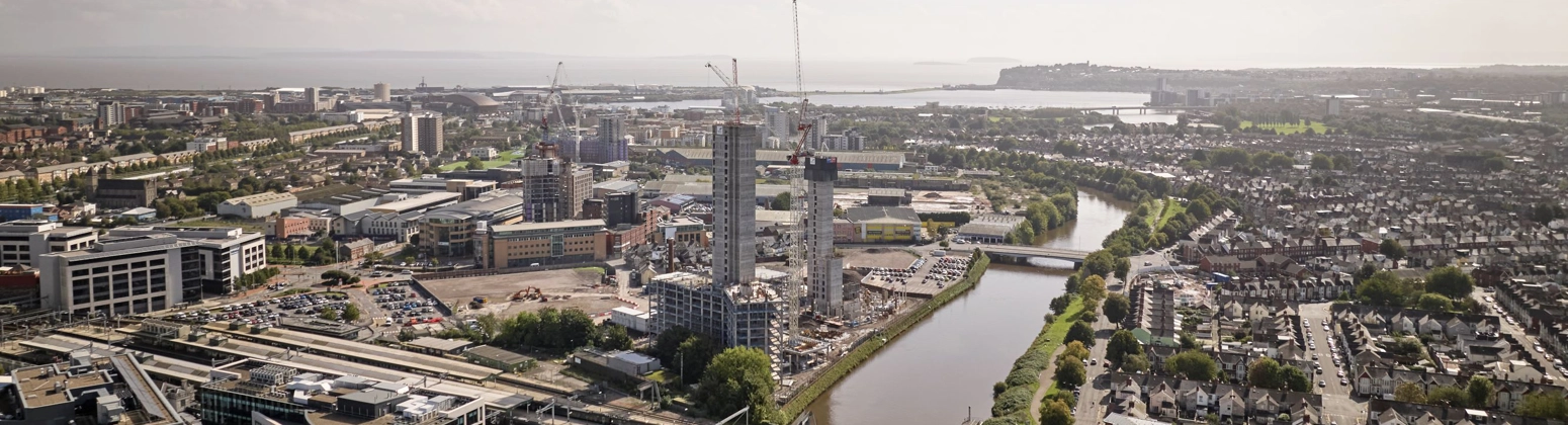 Aerial shot of Cardiff, UK, highlighting the River Taff. Aerial shot of Cardiff, UK, highlighting the River Taff.