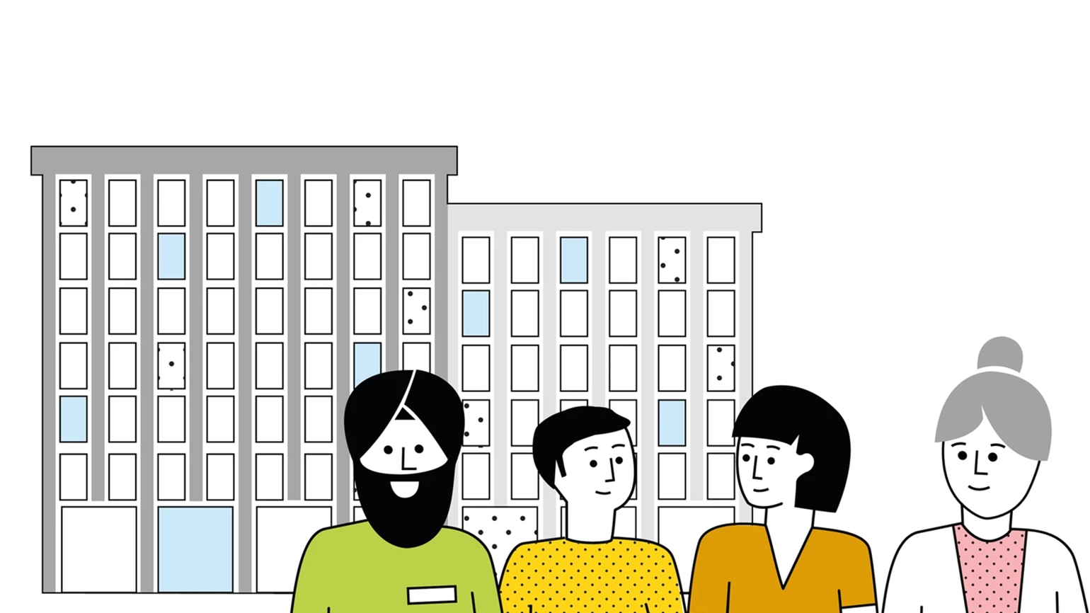 4 people in front of a building infographic 4 people in front of a building infographic