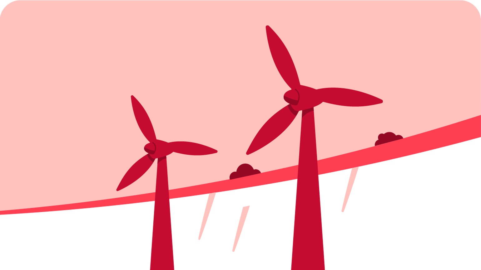 Illustration of two red wind turbines on a sloping landscape with small bushes, set against a light pink curved background. Illustration of two red wind turbines on a sloping landscape with small bushes, set against a light pink curved background.
