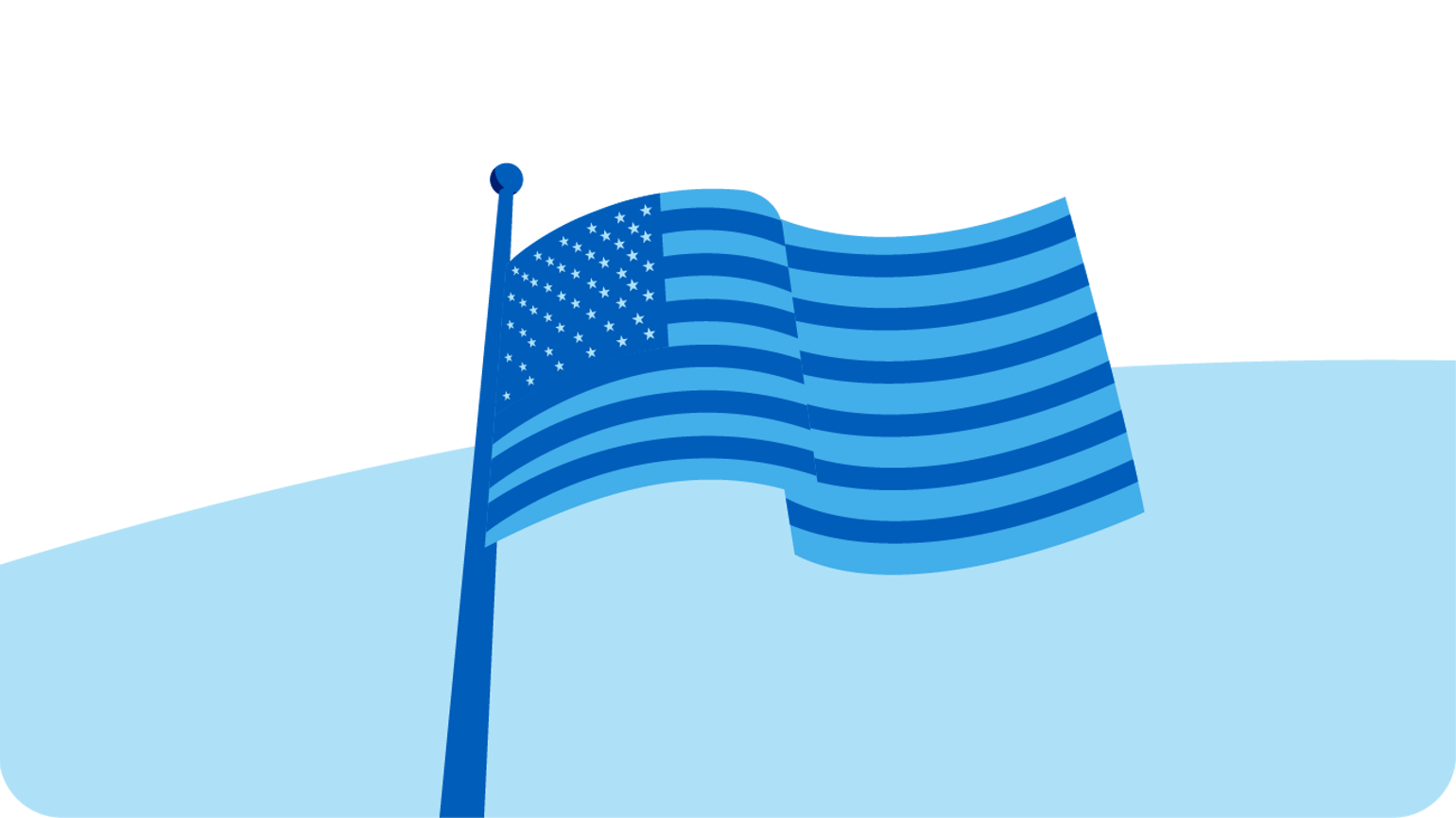Illustration of a blue American flag with stars and stripes waving on a flagpole, set against a light blue curved background. Illustration of a blue American flag with stars and stripes waving on a flagpole, set against a light blue curved background.